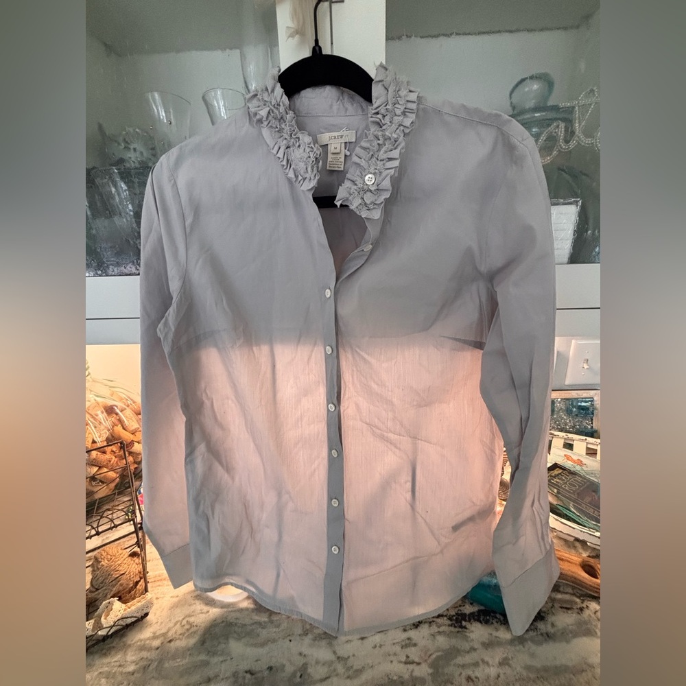 J.Crew Light Gray Ruffled Collar Button-Up Blouse